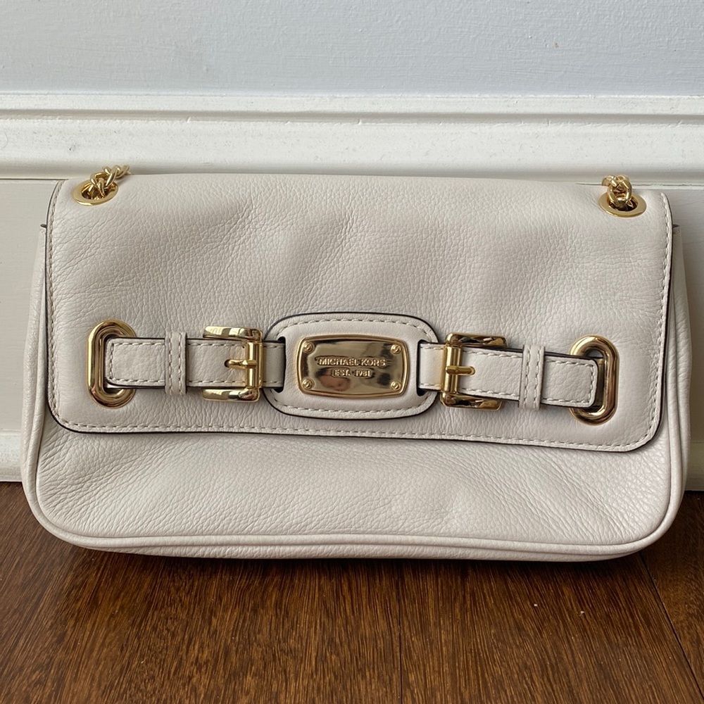 Michael Kors Creme Clutch with Gold chain and buckles